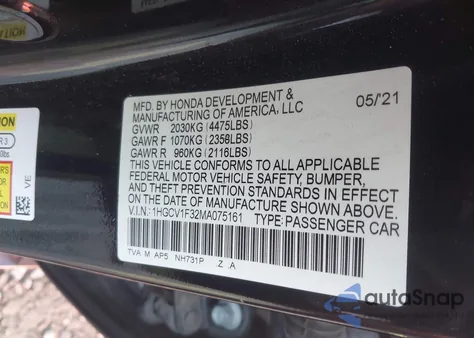 2021 Honda Accord Sport z USA, uszkodzony, nr VIN 1HGCV1F32MA075161